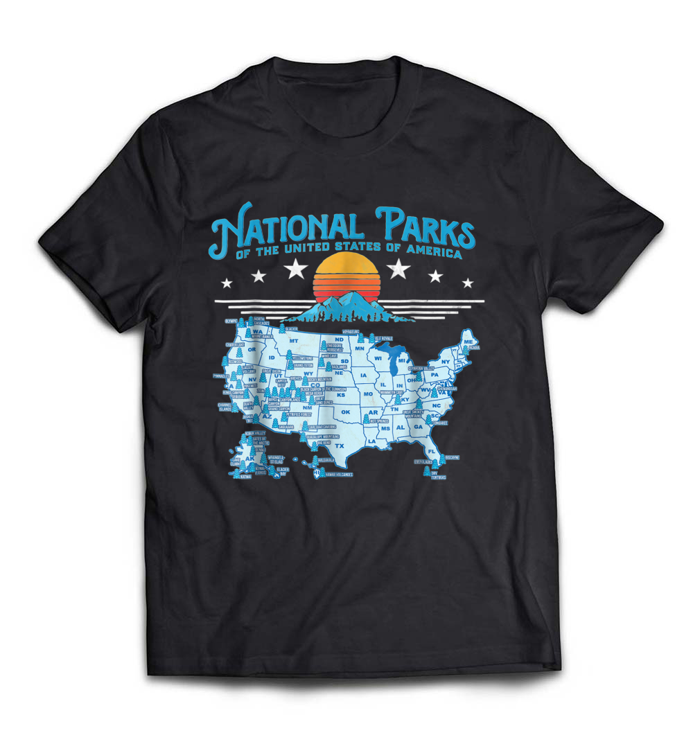 “All US National Parks Map” T-Shirt – A Must-Have for Outdoor Adventurers